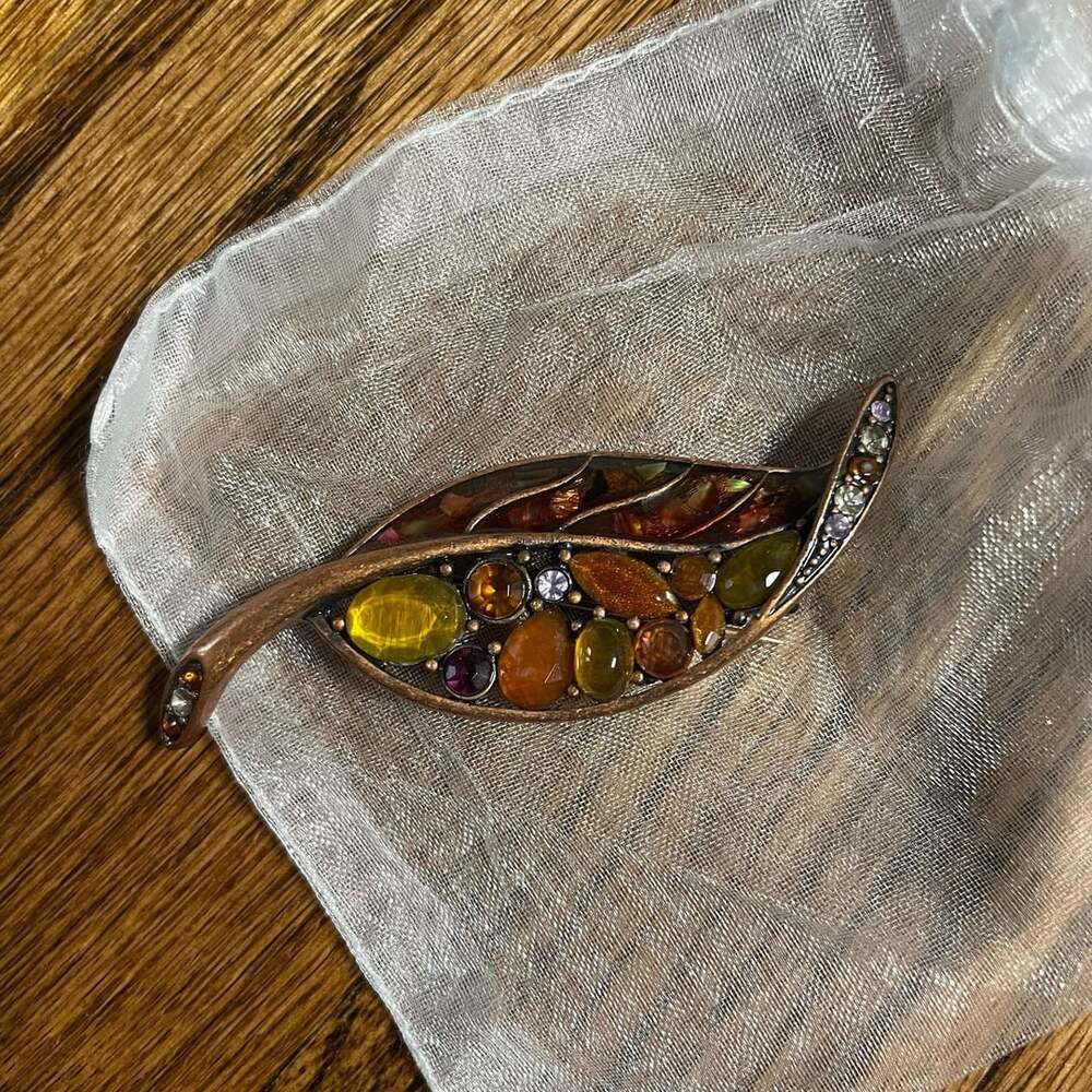 Liz Claiborne Copper Tone Leaf Brooch Multi Color Rhinestones